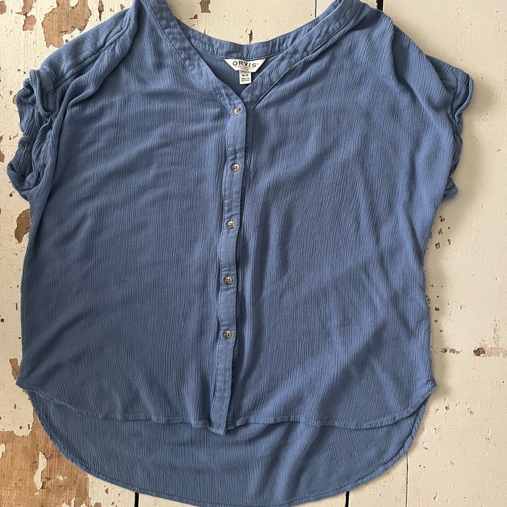 Orvis Top, Blue Cap Sleeve, Linen Blend Size M